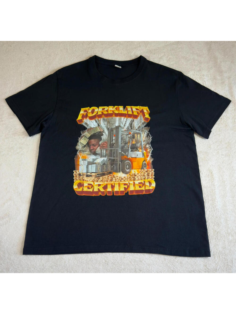 Forklift Certified Funny Graphic T-Shirt Black Men's Large 100% Cotton Streetwea